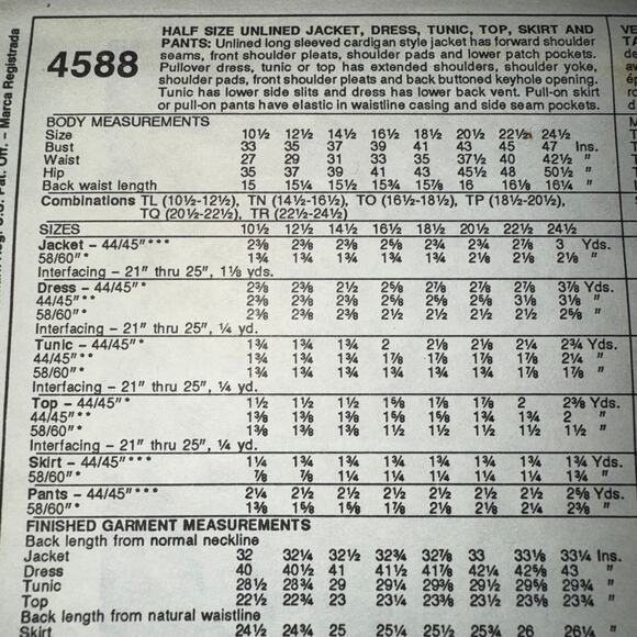 Vintage 1989 McCall's Womens pattern 4588  Size 16 1/2-18 1/2 uncut - Picture 4 of 5